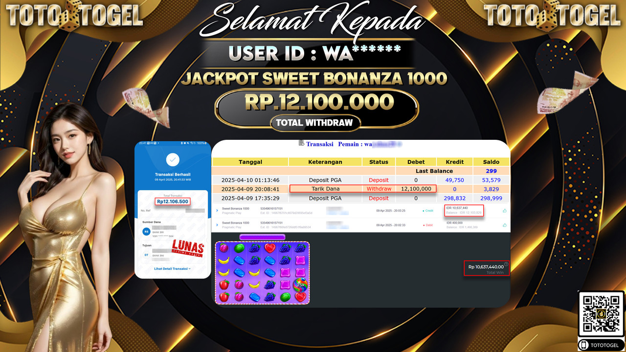 Bukti Pembayaran Jackpot  Permainan Slot Sweet Bonanza 1000 ID:WA****** LUNAS