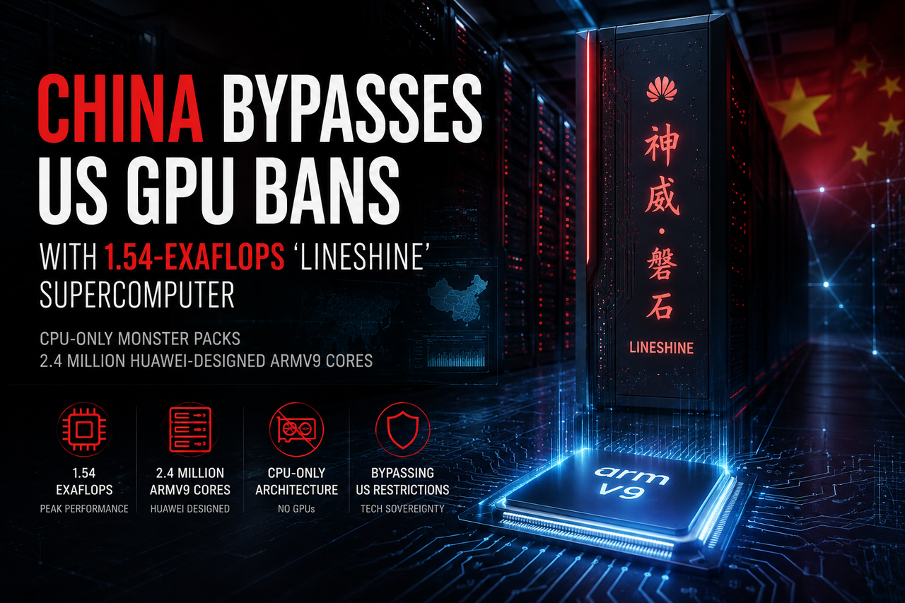 China’s LineShine Supercomputer Bypasses US GPU Bans with 1.54 Exaflops Performance Editorial banner showing China’s futuristic “LineShine” supercomputer in a dark high-tech data center with glowing server racks, Huawei-designed Armv9 processor visuals, and bold typography about bypassing US GPU bans using a CPU-only architecture delivering 1.54 exaflops of computing power.