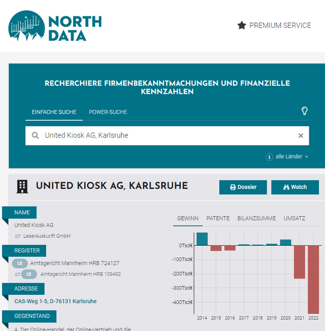 Northdata-Eintrag zu United Kiosk AG