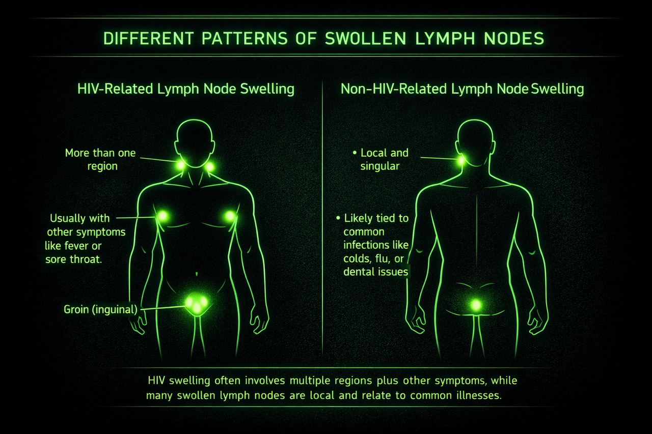 Diagram comparing more widespread lymph node swelling patterns sometimes seen in early HIV with more localised non-HIV lymph node swelling