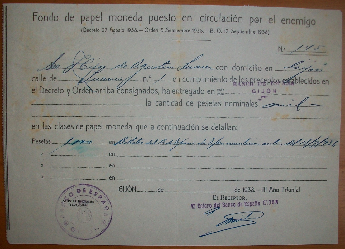 Documento canje billetes guerra civil 100-6215