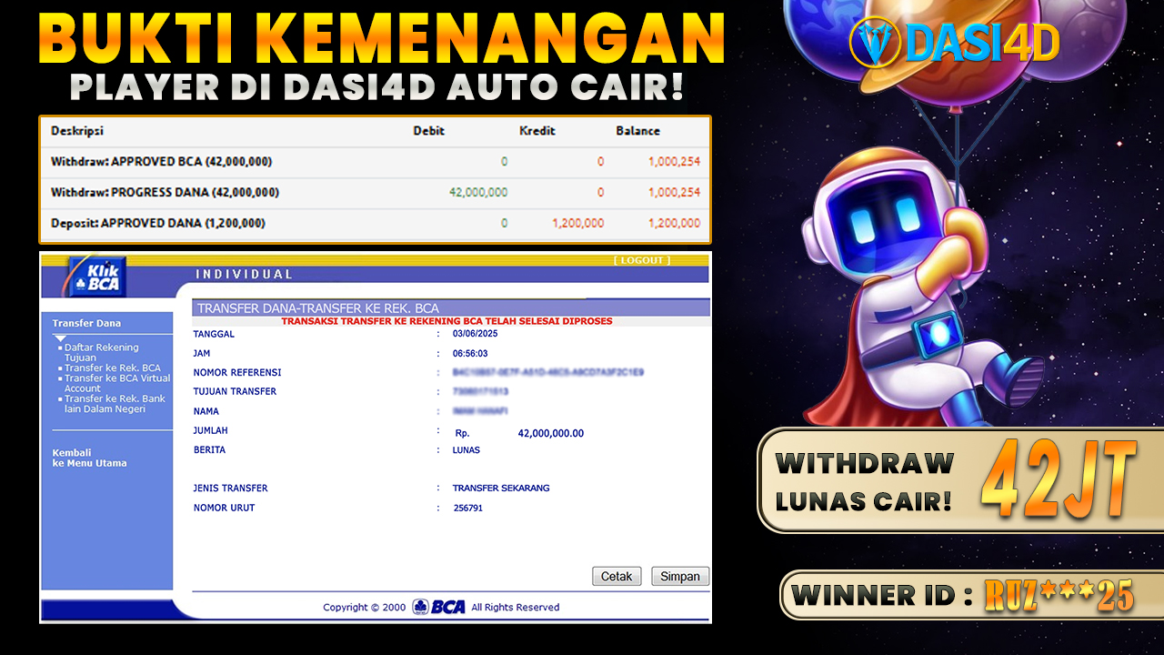 BUKTI KEMENANGAN 03 JUNI 2025 DI SPACEMAN WD 42 JUTA