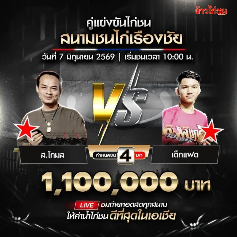 ส.โกมล vs เด็กแฝด โปรแกรมไก่ชน สนามชนไก่เรืองชัย 7 มิถุนายน 2026