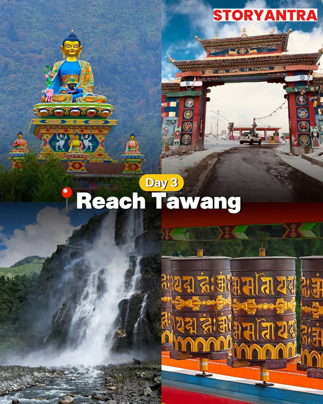 Road to Tawang with colorful prayer flags and snow-capped Himalayan peaks