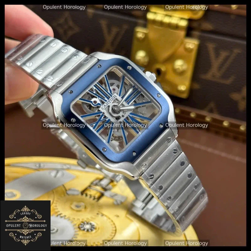 Cartier Santos Skeleton Replica 39.8mm Blue Bezel Steel Bracelet Manual Wind Super Clone
