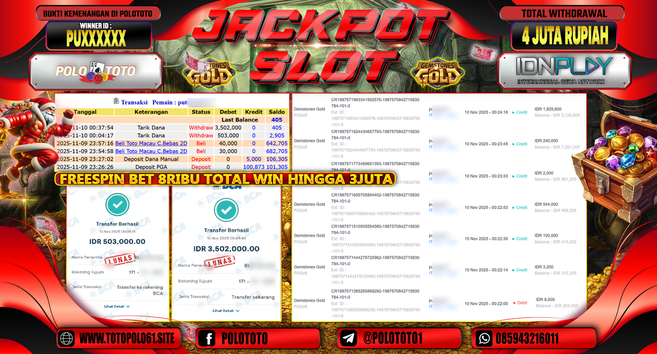 POLOTOTO JACKPOT SLOT GEMSTONES GOLD Rp.4.000.000,- LUNAS