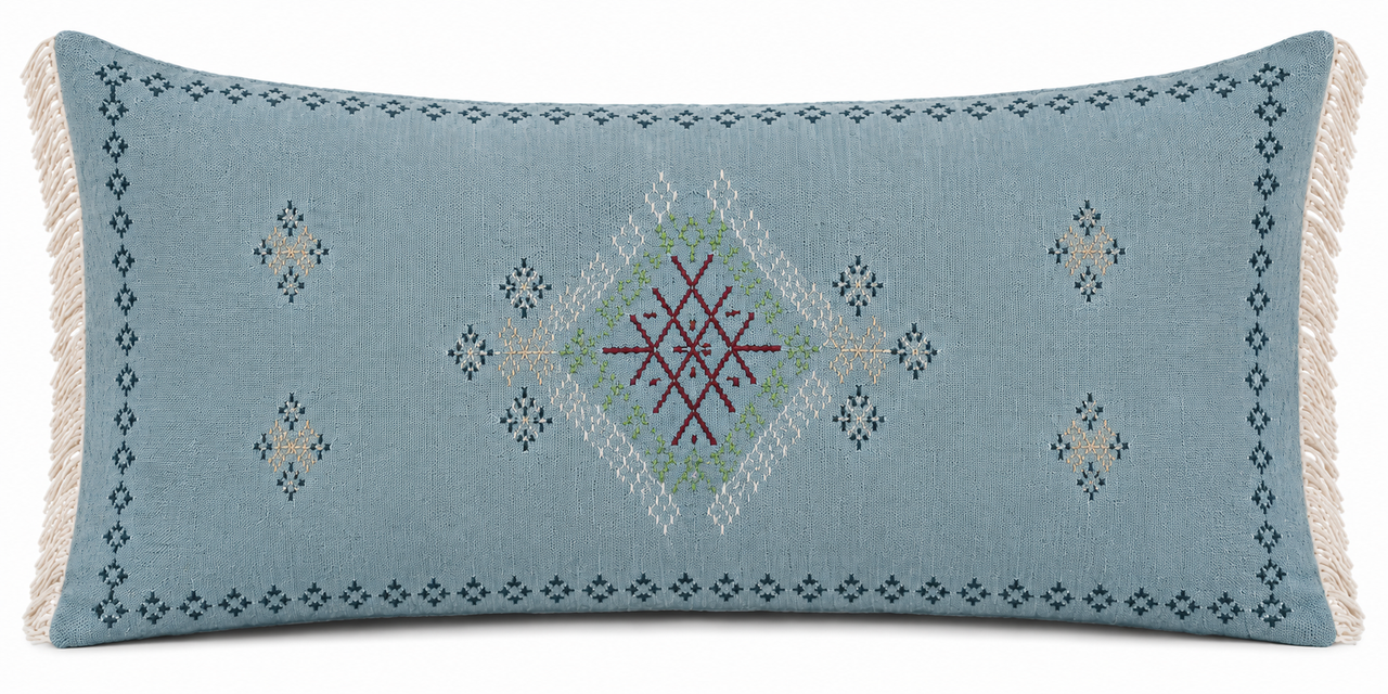Moroccan Blue Embroidered Jumbo Bedroom Pillow