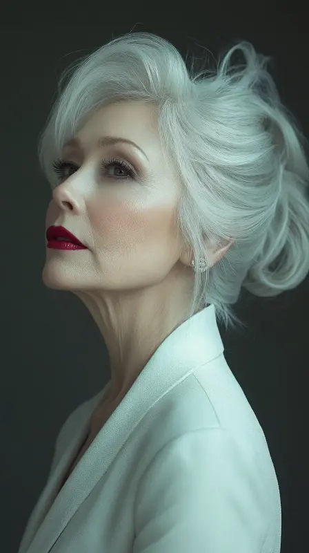 Timeless Allure: The Silken Silver Updo - Hairstyles for Women Over 60 with Thin Hair
