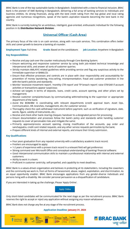 BRAC Bank PLC Universal Officer (Cash) Job Circular 2024