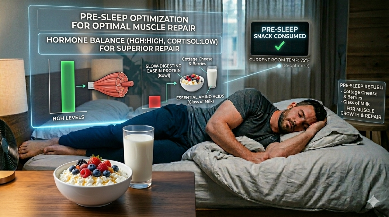 Bowl of cottage cheese with berries and glass of milk for pre-sleep nutrition for optimal sleep temperature for maximum muscle repair