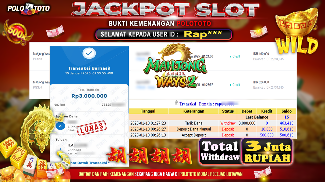POLOTOTO JACKPOT SLOT MAHJONG WAYS 2 Rp.3,000.000,-