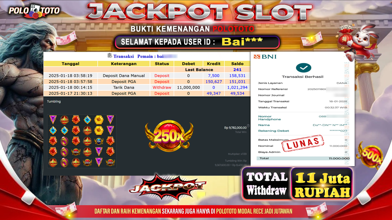 POLOTOTO JACKPOT SLOT GATES OF OLYMPUS 1000 Rp.11,000.000,-