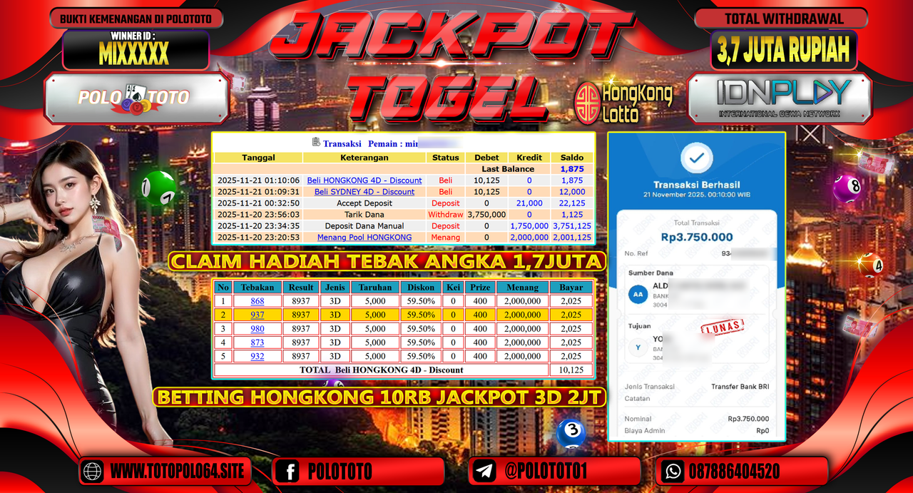 POLOTOTO JACKPOT TOGEL MENANG HONGKONG LOTTO Rp.3.700.000,- LUNAS