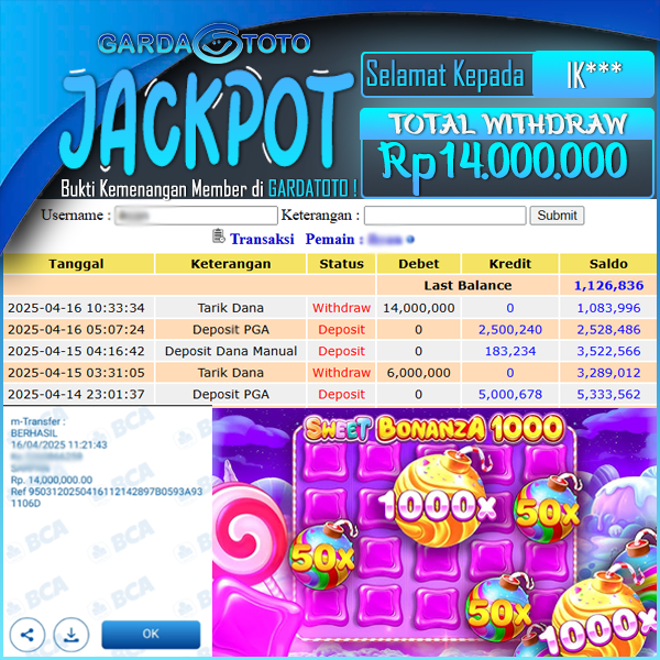 JACKPOT SLOT MAIN DI SLOT SWEET BONANZA 1000 WD Rp 14.000.000,- DIBAYAR LUNAS GARDATOTO MANTAP !