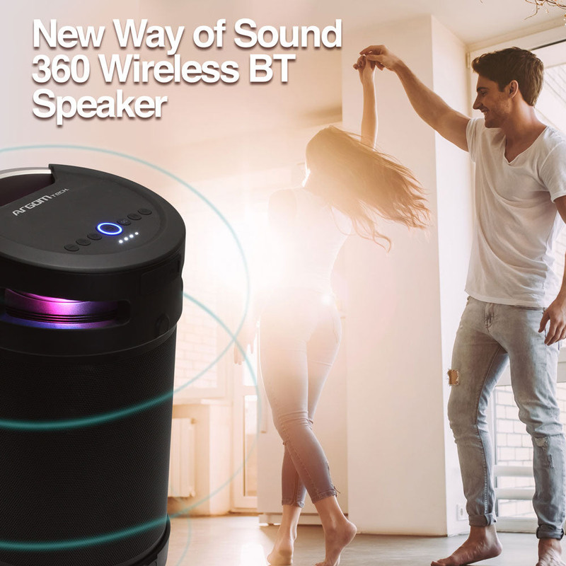Bocina Argomtech Ambience 360 con sus luces RGB encendidas.