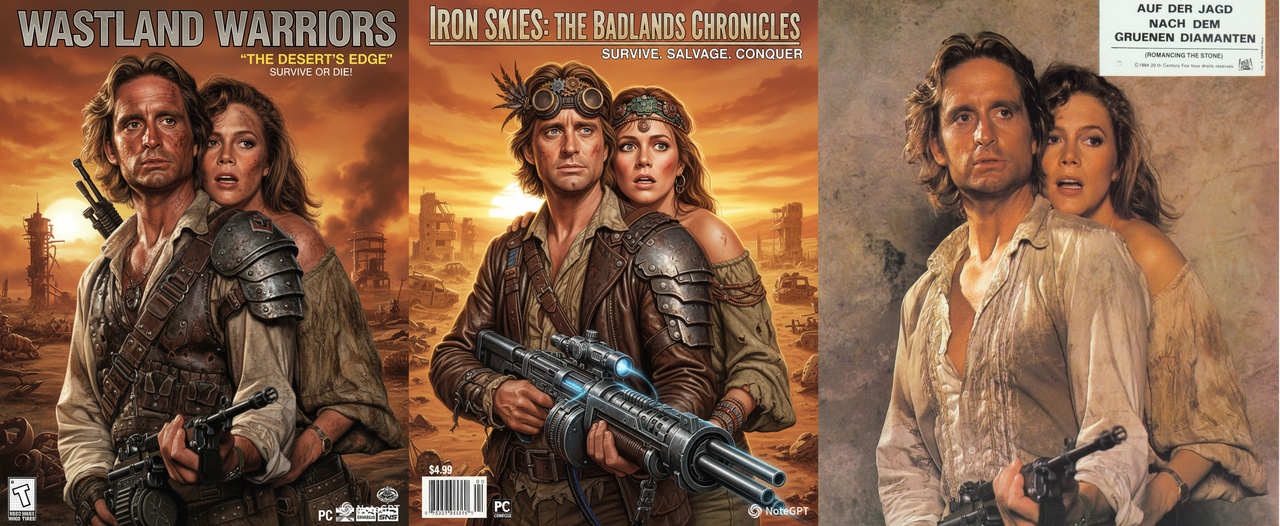 Michael Douglas und Kathleen Turner in KI Cover Mockup