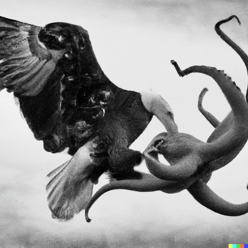 DALL·E 2022-08-01 16.38.13 - A bald eagle battling an octopus in the style of 1950's film