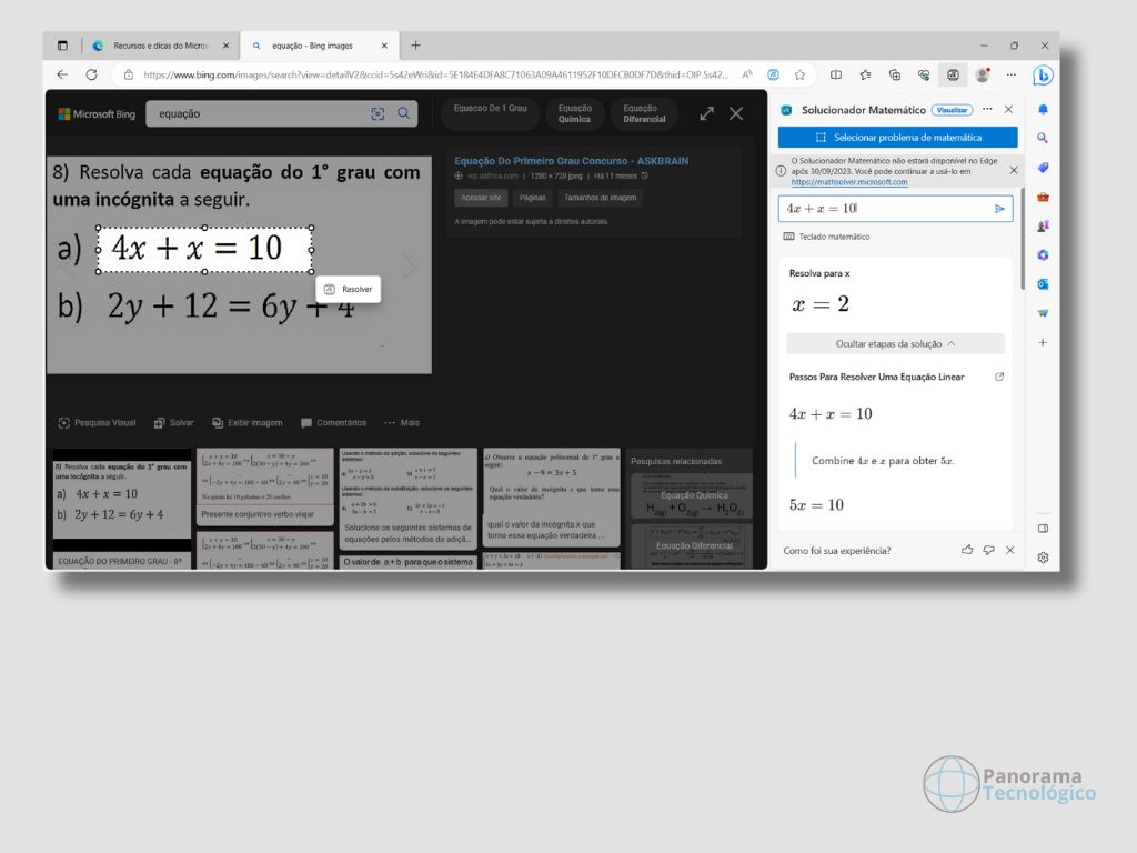 Print da tela do navegador Microsoft Edge mostrando o acesso ao recurso 'Solucionador Matemático'