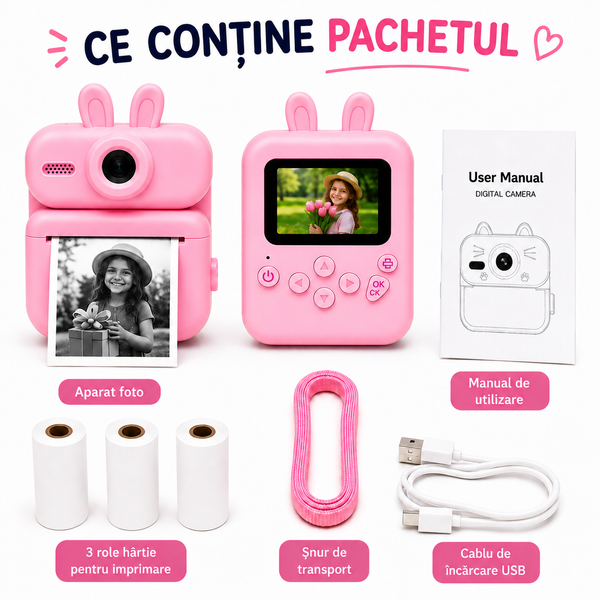 Conținut pachet aparat foto pentru copii Twinkle Twins roz