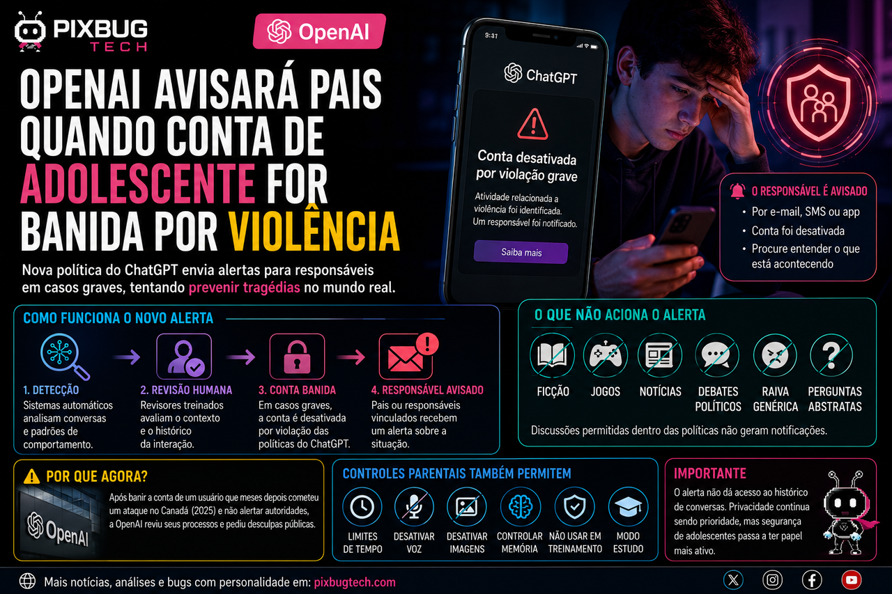 OpenAI avisará pais quando conta de adolescente for banida por violência e transforma segurança em alerta familiar