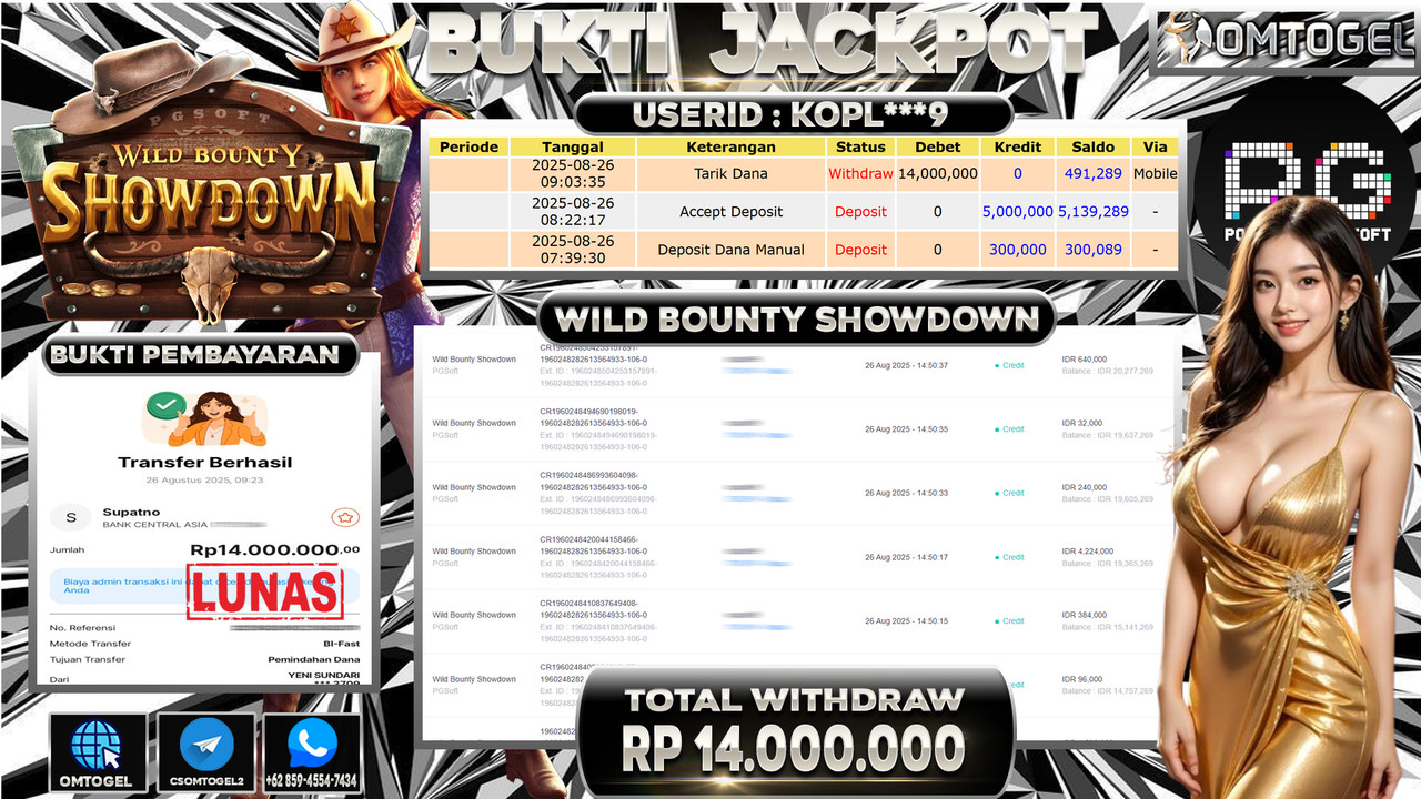 OMTOGEL JACKPOT PGSOFT WILD BOUNTY SHOWDOWN 14 JUTA DI BAYAR LUNAS ,-