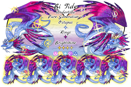 Bi Tide. Undertide Breed. Pure Generation 2. Colors and Genes will be Sky Octopus Primary, Fuchsia Rings Secondary, and Yellow to Sanddollar Brightshine Tertiary. Breeds in Arcane, Light, Ice, Shadow, or Water. This pairs colors and genes resemble the Bigender Pride flag