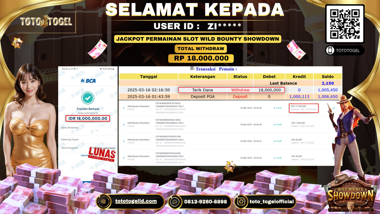 Bukti Pembayaran Jackpot  Permainan Slot Wild Bounty Showdown ID:ZI***** LUNAS
