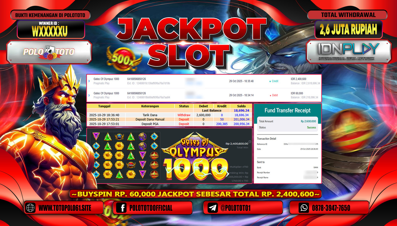 POLOTOTO JACKPOT SLOT GATES OF OLYMPUS 1000 Rp.2.600.000,- LUNAS