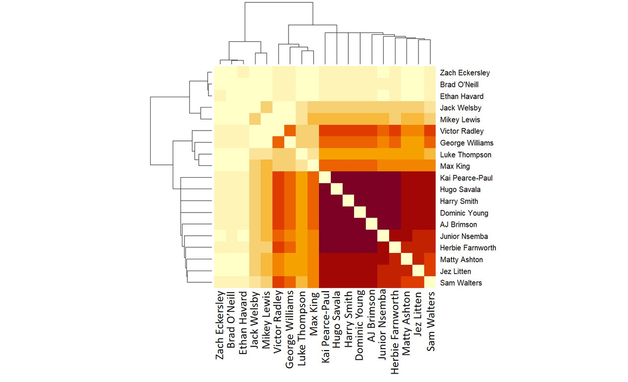 Matrix chart of which players are on the pitch together when England score.  The central purple section is smaller than it was after the Tongan game, and now only includes Pearce-Paul, Savala, Smith, Young and Brimson.  The next darkest section has Ashton, Litten and Walters.  The rest is a bit of a muddle, described below, until you hit the palest section, those who played together least often, which is Eckersley, ONeill and Havard.