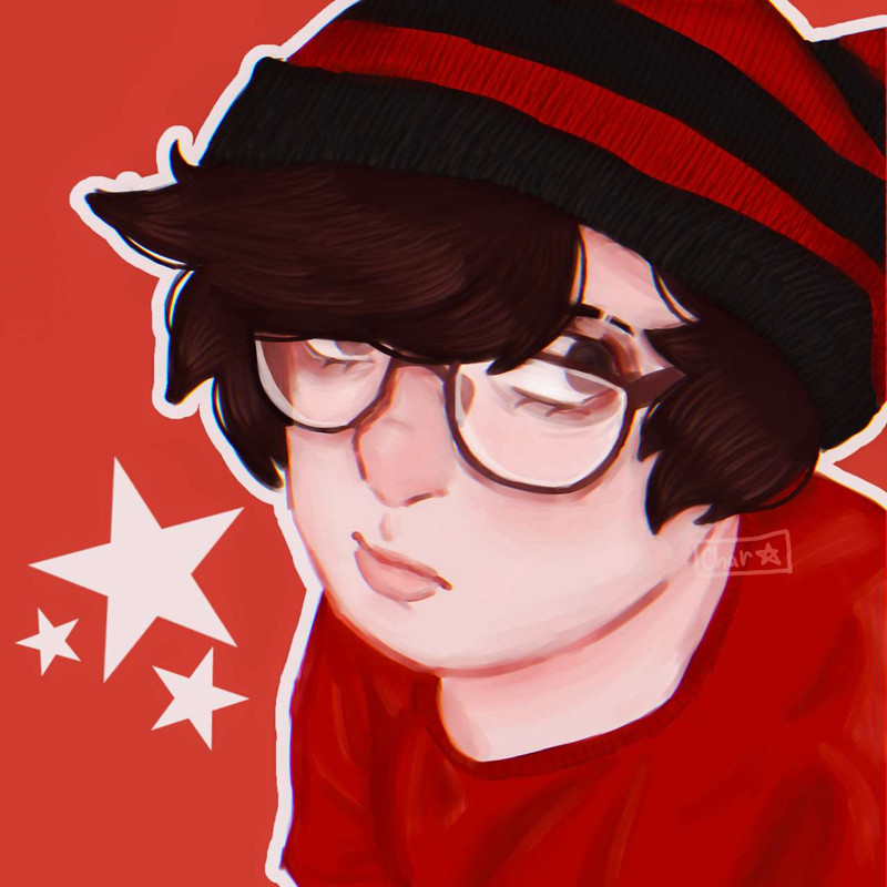 A digital drawing of the webmaster. He wears a red shirt and his hair sits under a red and black crocheted beanie. He looks to the right and pouts his lips, surrounded by stars.