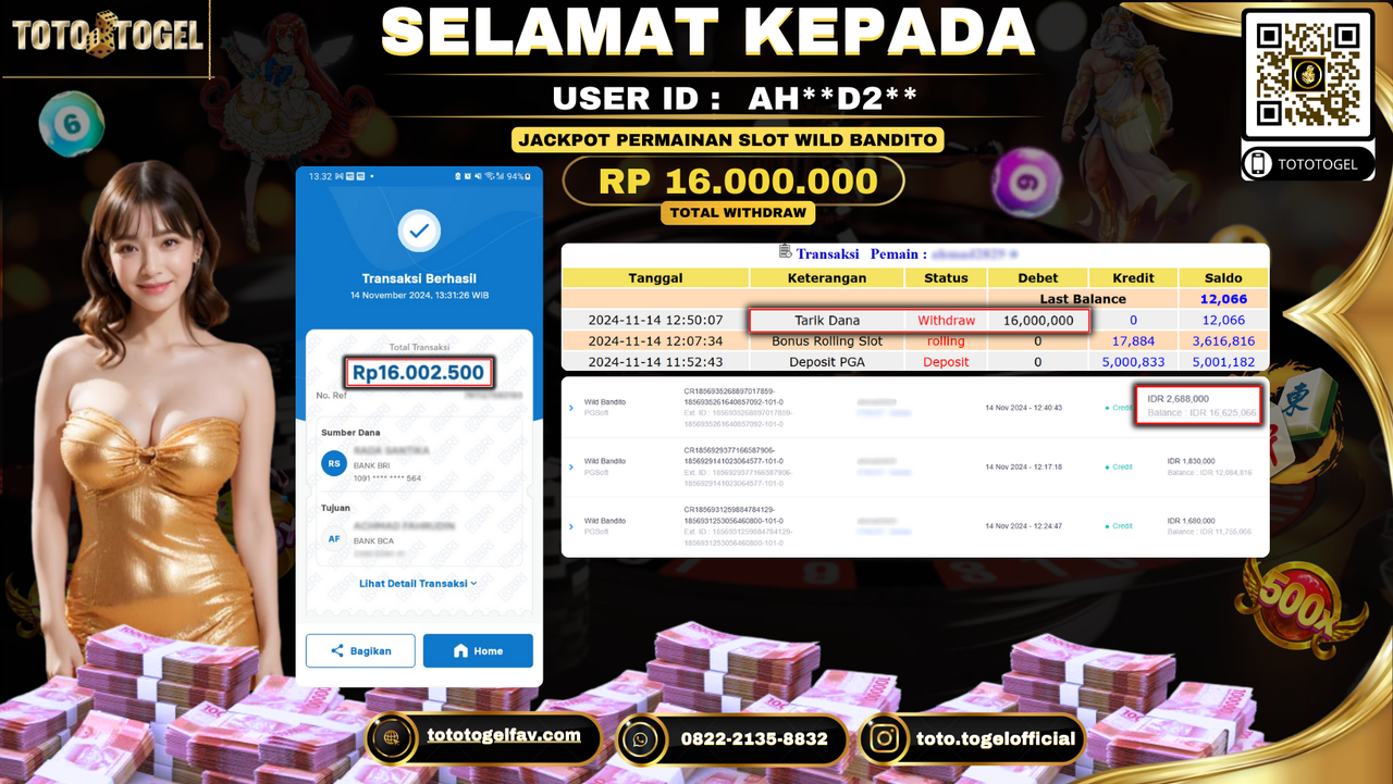 Bukti Pembayaran Jackpot Permainan Slot Wild Bandito ID: AH**D2** LUNAS 