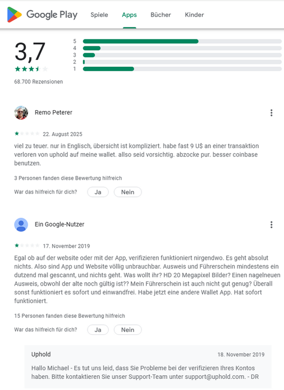 Bewertung Uphold-Android-App