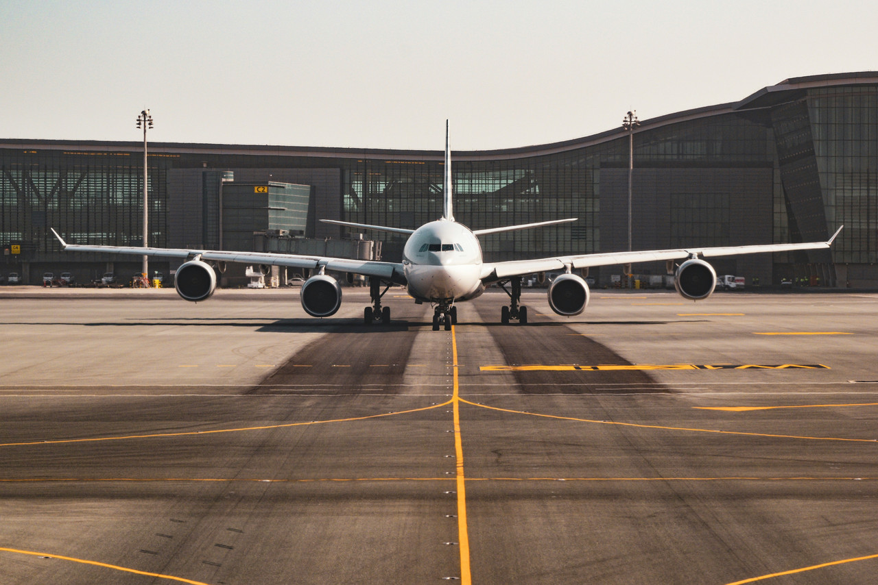 Wide view of an airport departures hall