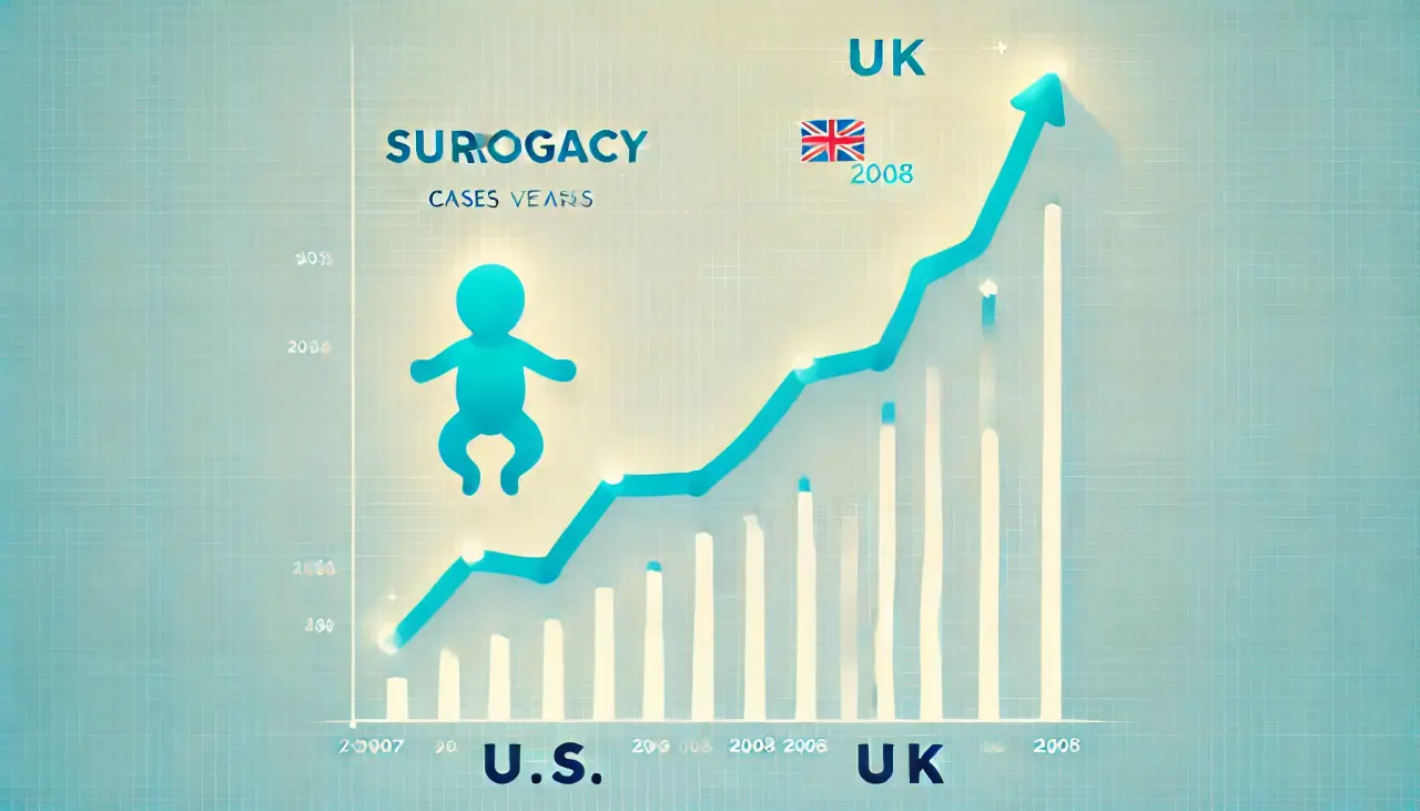 Chart showing the rise in surrogacy cases over recent years in the U.S. and UK, highlighting the increasing demand for surrogacy services.