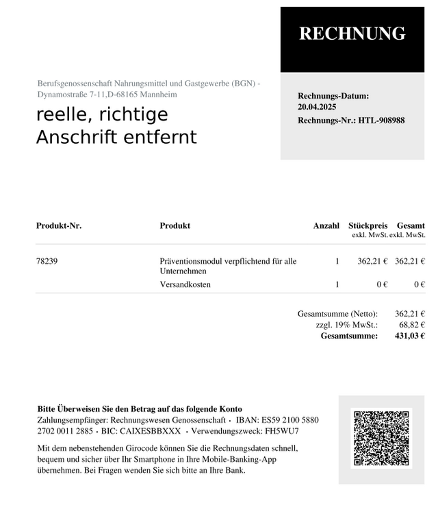 Fake-Rechnung im Namen der BGN