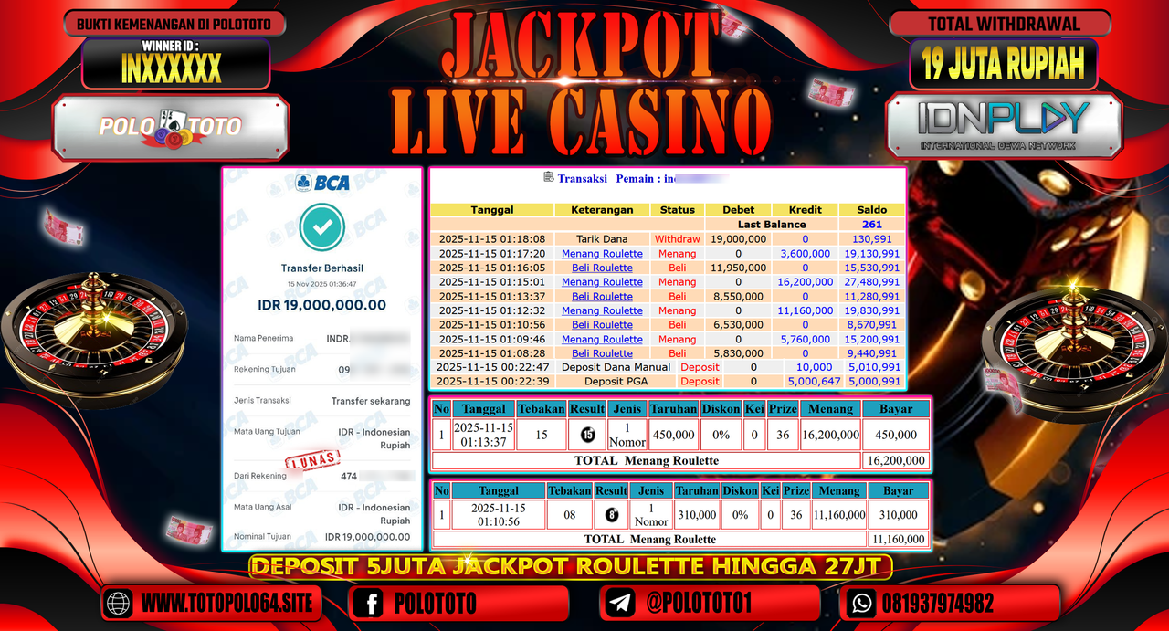POLOTOTO JACKPOT LIVE CASINO MENANG ROULETTE Rp.19.000.000,- LUNAS