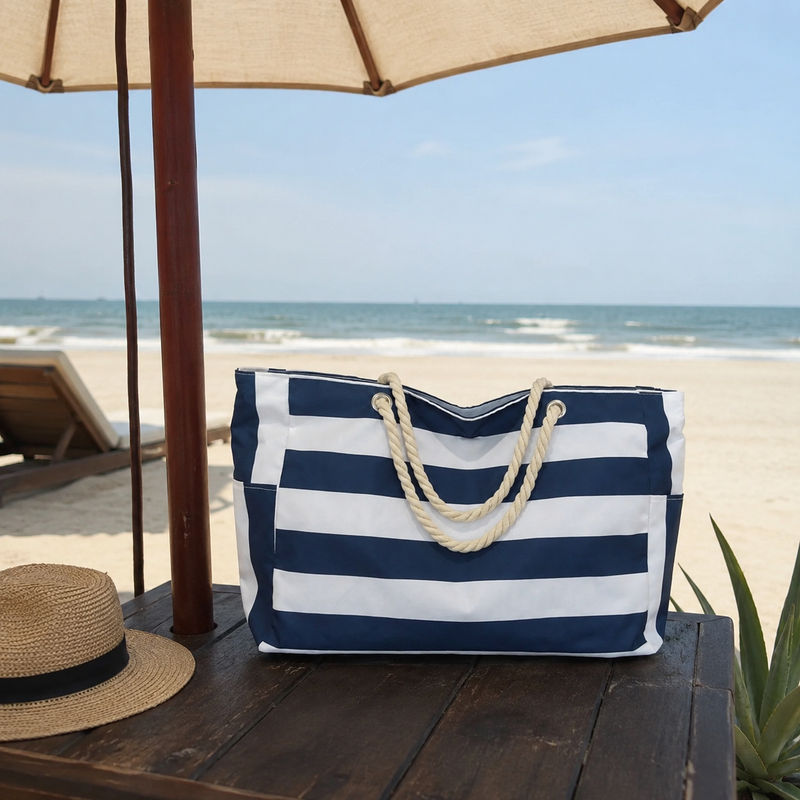 Striped Large Blue Beach Bag