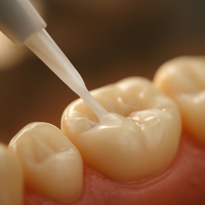 Нанесение герметика на жевательную поверхность зуба для профилактики кариеса