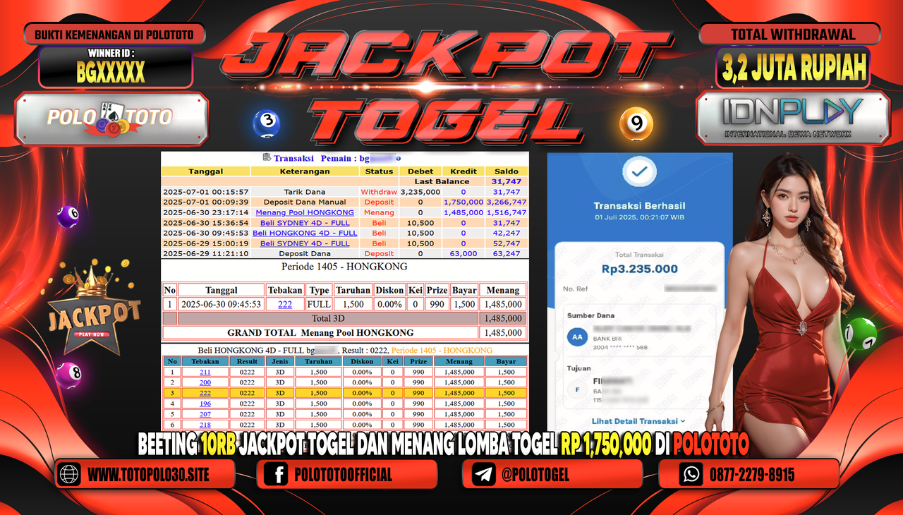 POLOTOTO JACKPOT TOGEL PASARAN HONGKONG LOTTO Rp.3.235.000,- LUNAS