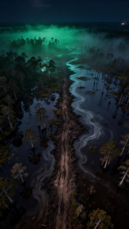 jimeng 2026 02 02 1786 黑夜 天色暗淡 沼泽地面充满淡绿色雾气 地面为暗色泥土 周围是缓慢转动的污水沼泽