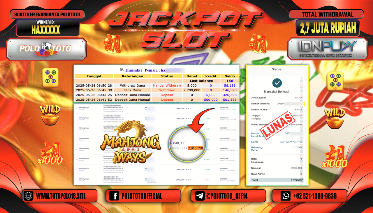 POLOTOTO JACKPOT SLOT MAHJONG WAYS Rp.2.700.000,-