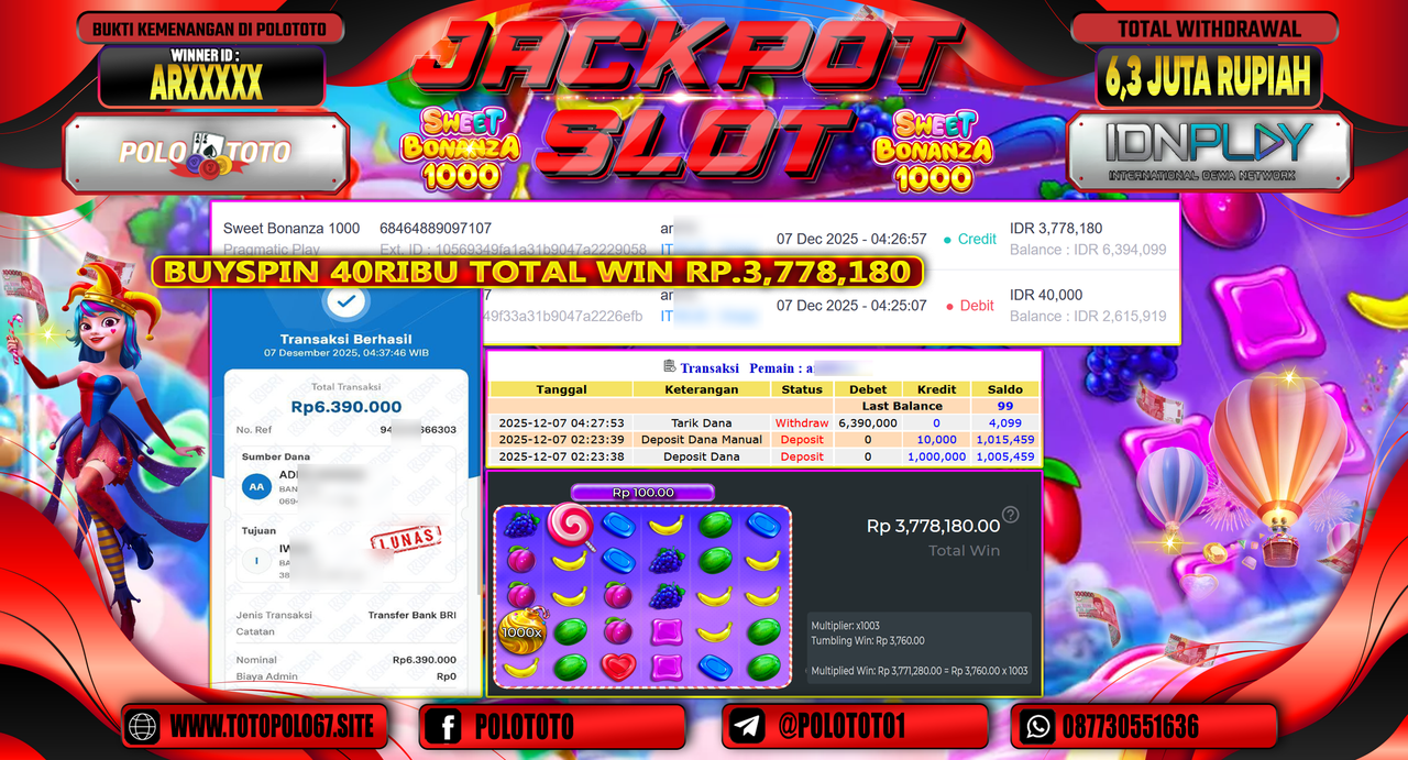 POLOTOTO JACKPOT SLOT SWEET BONANZA 1000 Rp.6.300.000,- LUNAS