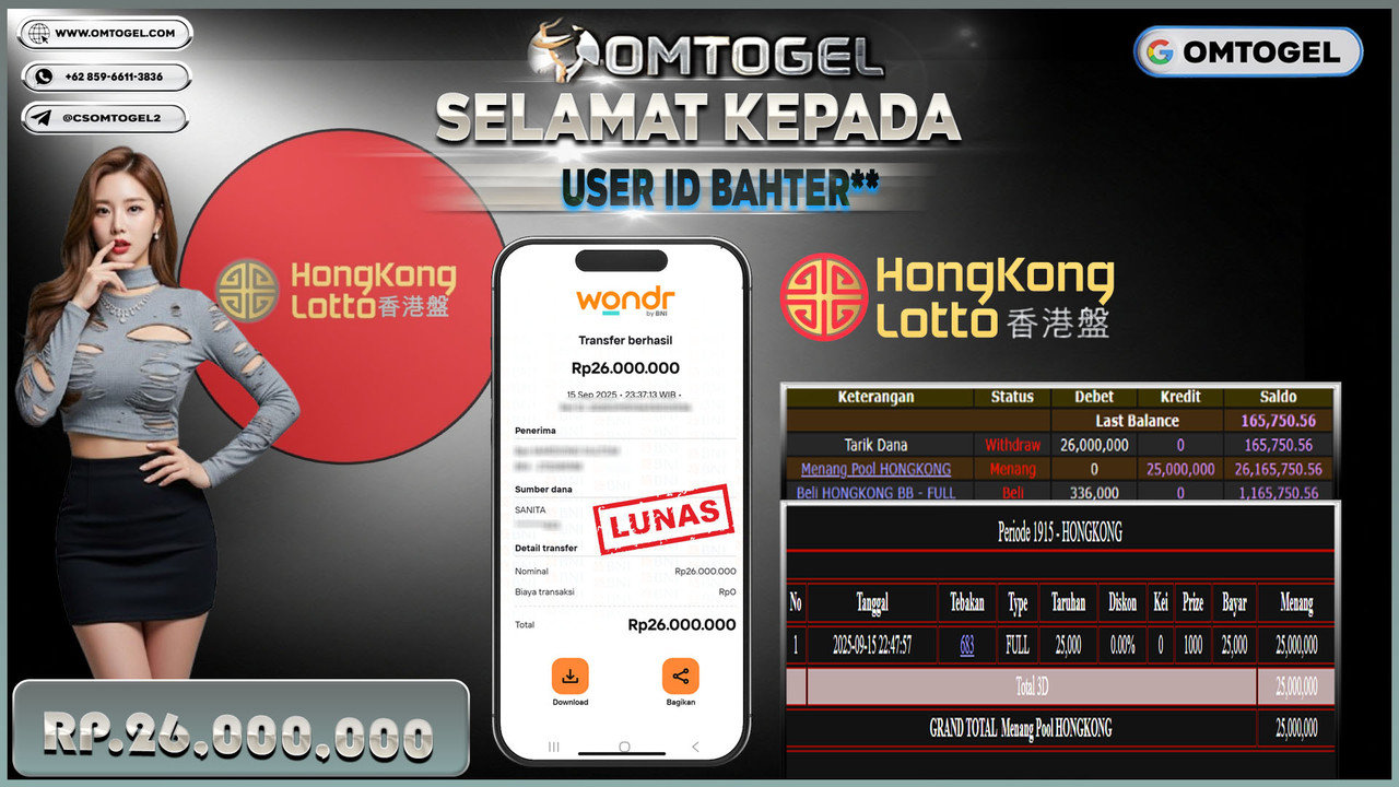 OMTOGEL JACKPOT HONGKONG 3D 26 JUTA DI BAYAR LUNAS ,-