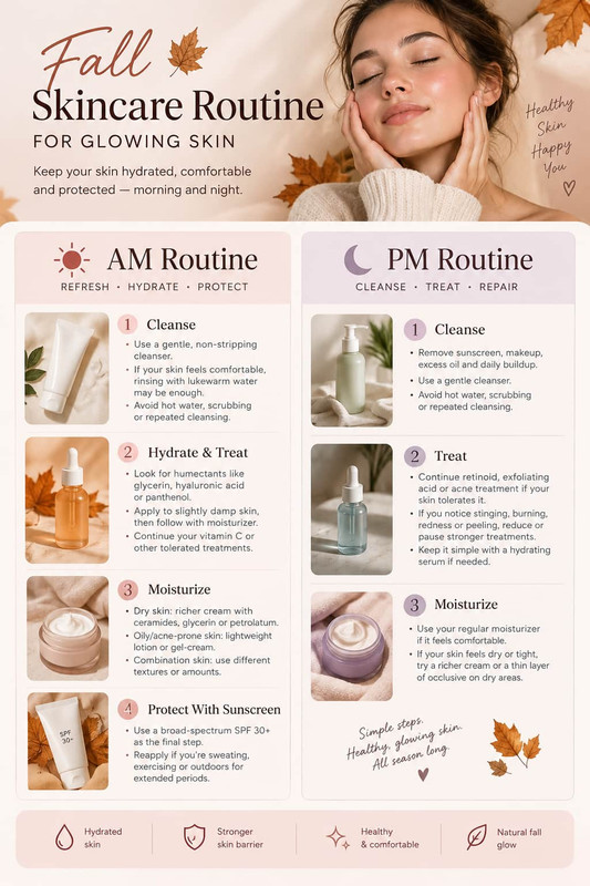 autumn skincare routine for glowing skin, AM & PM guide for healthy, glowing skin this fall.  