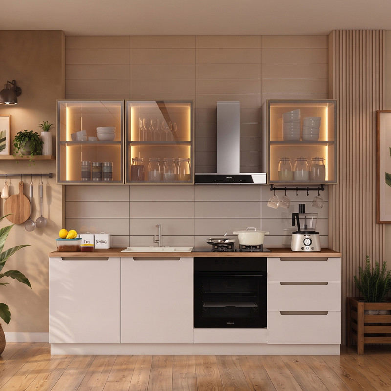 Hera 240 cm Mutfak Dolabı Seti %100 MDF Ledli Fırın Modüllü Çekmeceli Lavabolu Raflı Mutfak Dolabı Takımı 7 Modül Tezgah Dahil Bej