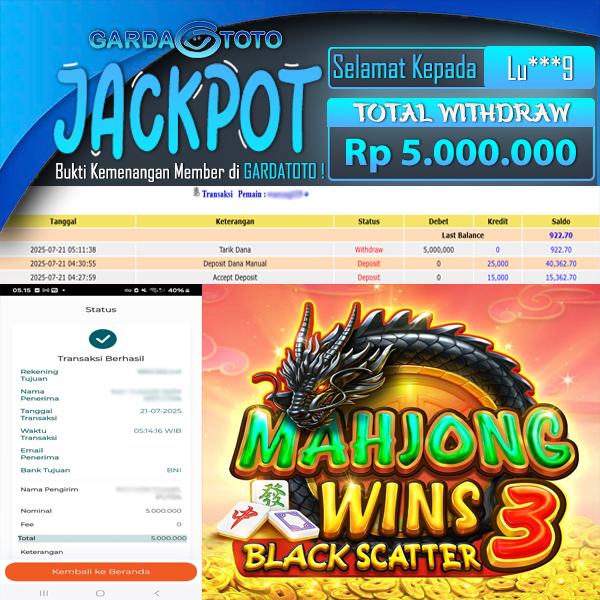 JACKPOT DI PERMAINAN  SLOT PRAGMATIC PLAY MAHJONG WINS 3 WD Rp 5.000.000,- DIBAYAR LUNAS GARDATOTO MANTAP !