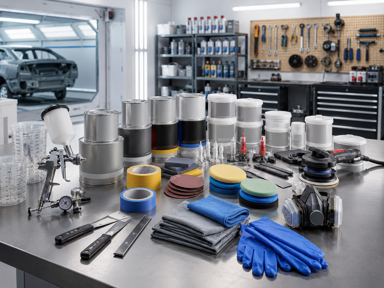 Auto paints and materials displayed in a professional body shop workspace
