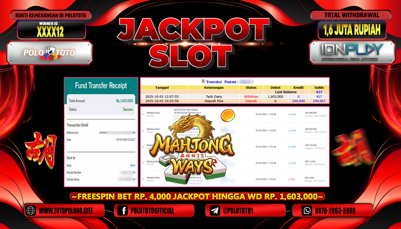POLOTOTO JACKPOT SLOT MAHJONG WAYS 2 Rp.1.600.000,- LUNAS
