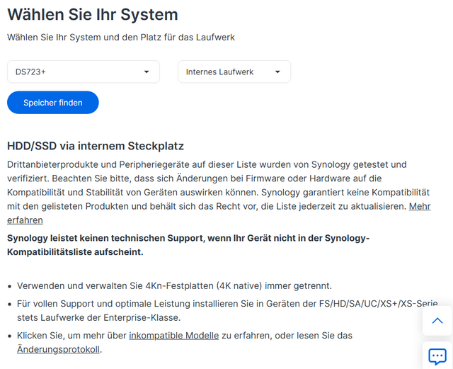 Synology Auswahlseite für kompatible Festplatten