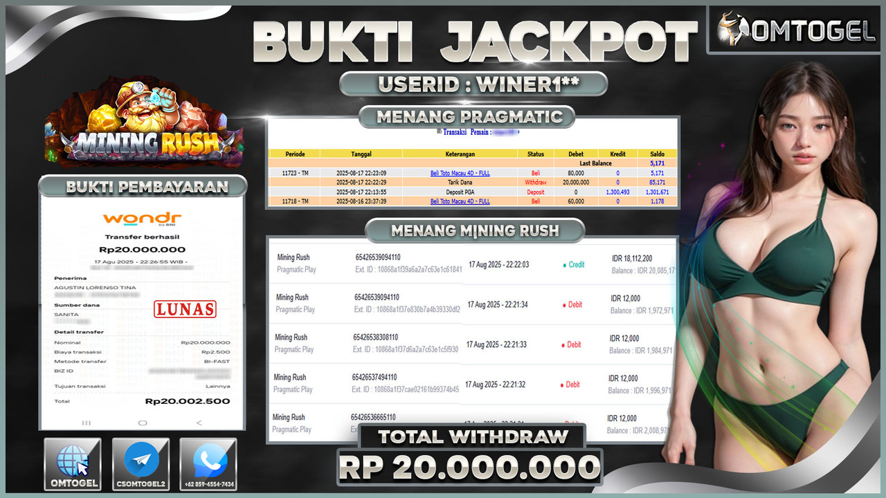 OMTOGEL JACKPOT PRAGMATIC PLAY MINING RUSH 20 JUTA DI BAYAR LUNAS ,-